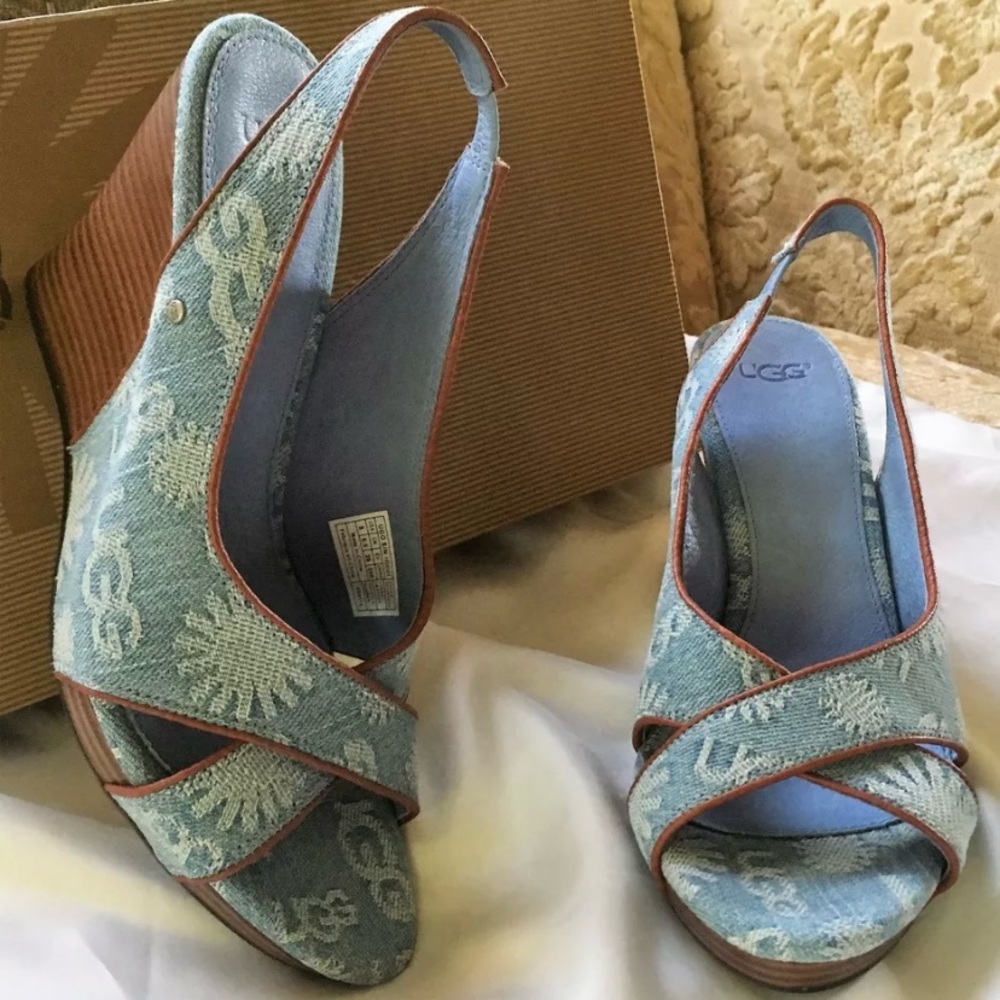UGG Australia Women’s Shoes 8 Wedge NEW Blue Denim Brown Comfort Logo
